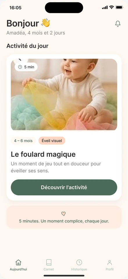 Écran du jour de l'application mobile d'éveil Amadéapp
