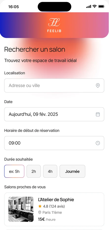 Écran de recherche de mission de l'application mobile Feelib