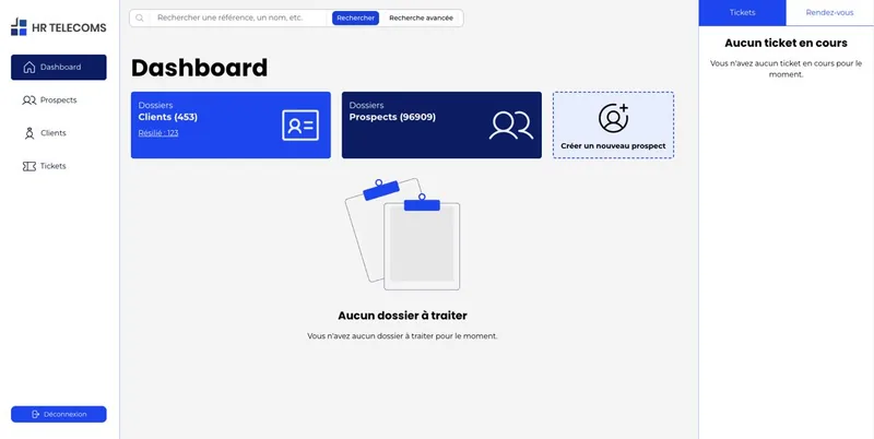 Back-office du CRM sur mesure de l'opérateur HR Telecoms