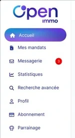 Menu de navigation d'Open Immo : mandats, messagerie, statistiques, abonnement, parrainage